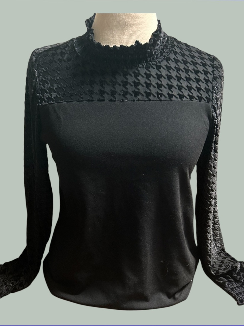 Madame Black Mock Ruffle Neck Blouse with Textured Sheer Sleeves